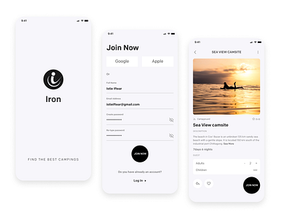 Iron-Camping Mobile App UX/UI Case Study Design Black & White app design application apps branding camping app camping app design design details screen graphic design illustration join now screen landing page log in screen logo sign in splash screen ui web apps website