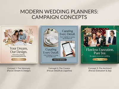 Modern Wedding Planner Ads, Elegant, Story Driven Campaign addesign creativedirection socialmediadesign weddingbranding