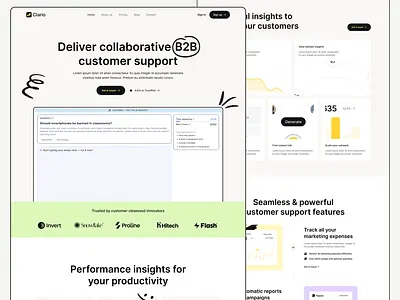 Clario B2B Landing page design b2b colorful faq hero section illustration landing page light theme marketing product design statistics tech testimonials trust section uiux user interface ux design why choose us