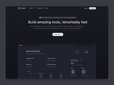 Layers clean dark mode design marketting website product design ui ux web design