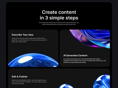 AI Content Writing Tool - How It Works Section 3d design ai design card design clean design content writing dark mode feature section figma glass morphism gradient how it works landing page modern design premium design process design saas tech ui design ux design web design