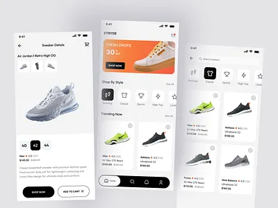 STRYDE - Sneaker Shopping App UI app design clean design e commerce app ecommerce fashion app figma ios app light mode minimal mobile app mobile design mobile ui modern design orange product design retail shopping app sneakers ui design ux design
