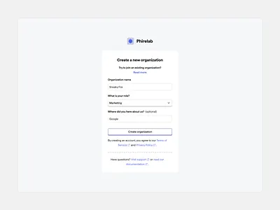 Phirelab - Onboarding Steps branding button dashboard design dropdown form input link logo minimalist onboarding steps terms ui ux webapp website