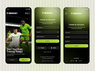 Brain Training Mobile App UI Design app interface authentication ui braingame creative interface dark ui football app football performance football ui login signup flow mobile onboarding flow soccer training sports ui