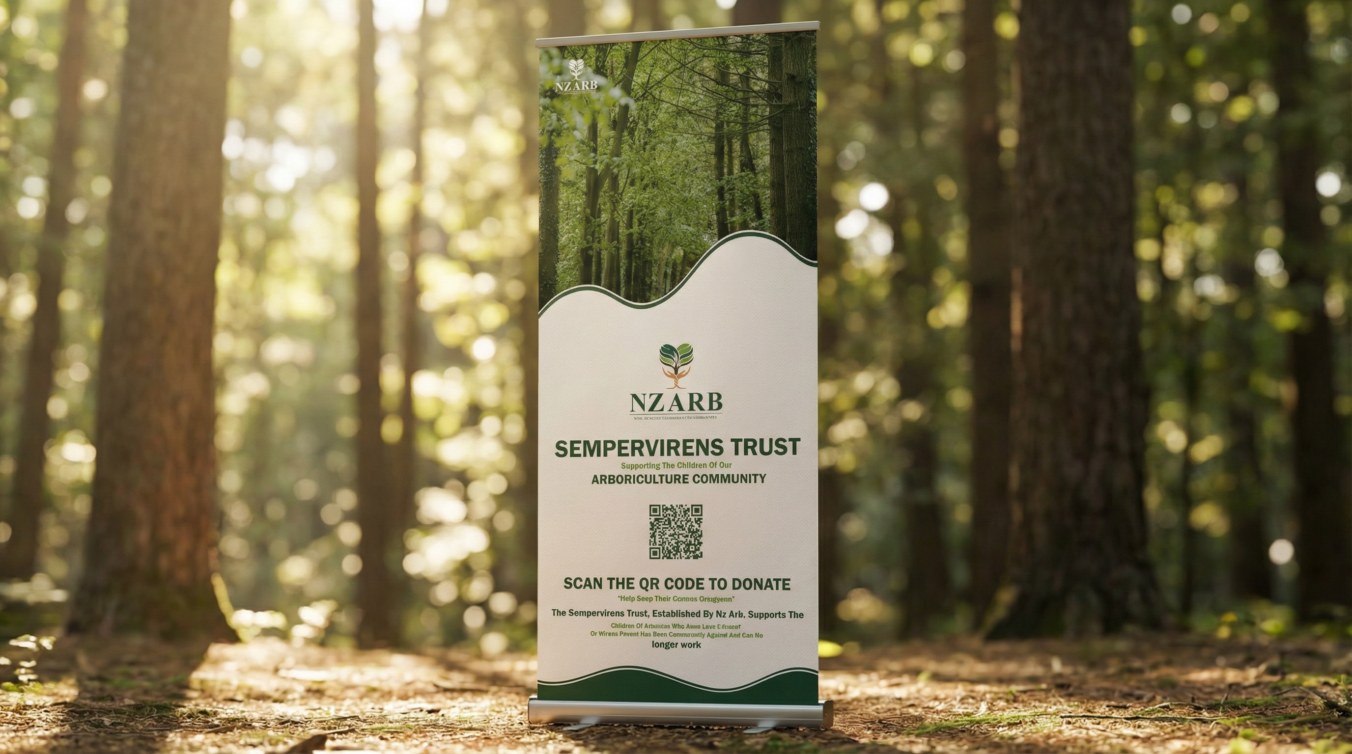 Eco-Friendly Signage | Sempervirens Trust Banner arboriculture banner design charity event eco friendly environmental branding forest aesthetic graphic design minimalist mockup nature design nonprofit branding outdoor media signage design visual identity