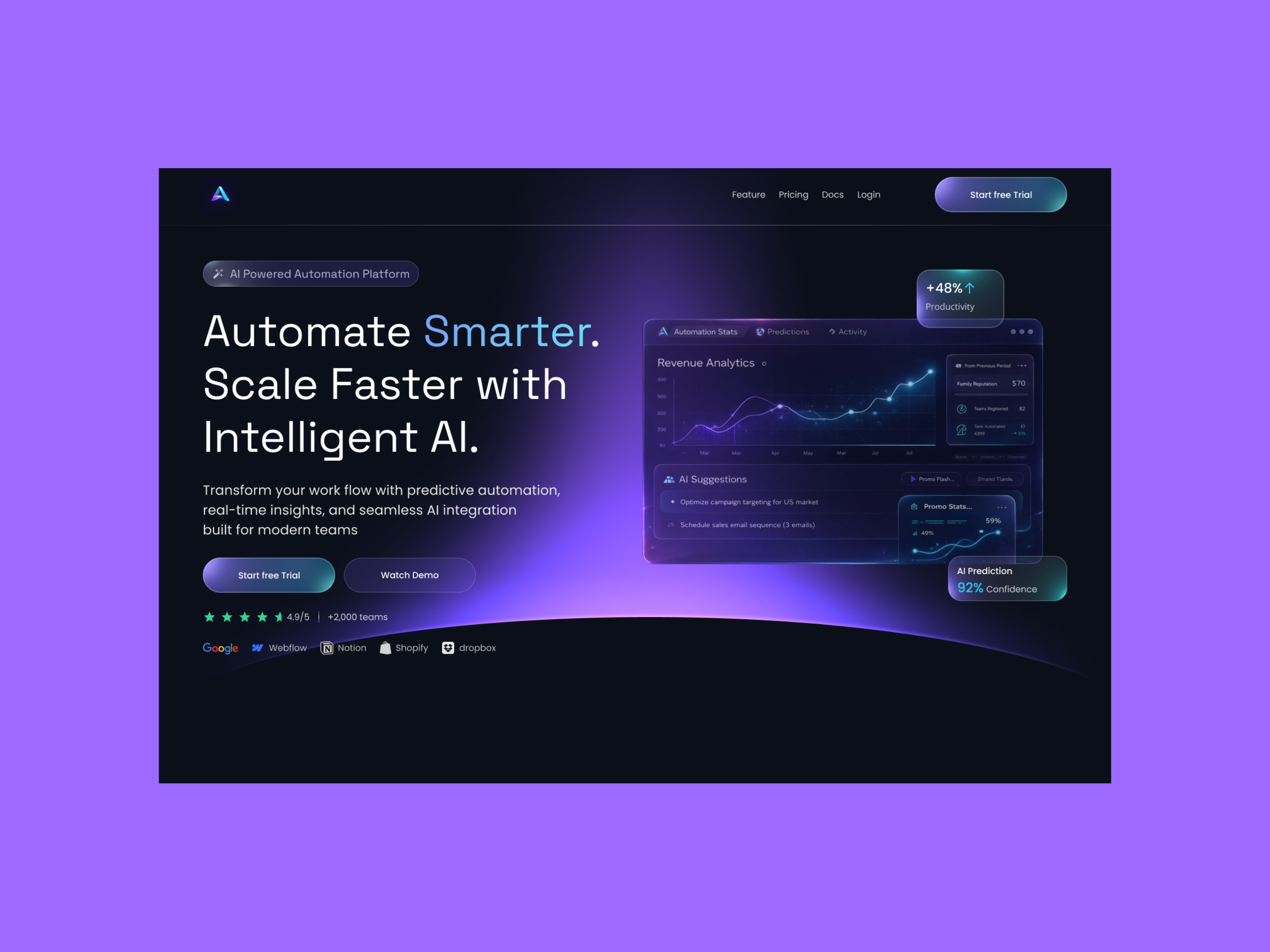 AI SaaS Dashboard Landing Page | Futuristic UI agency ui ai analytics ui b2b design dashboard design digital product futuristic futuristic design glassmorphism landing page minimal neon ui product design saas startup tech design ui ux web design web interface