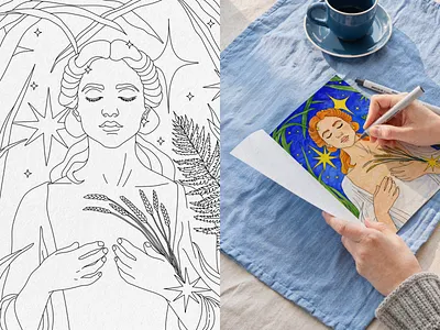 Virgo: From Line Art to Color astrology art celestial art coloring book illustration line art mythic illustration virgo zodiac illustration