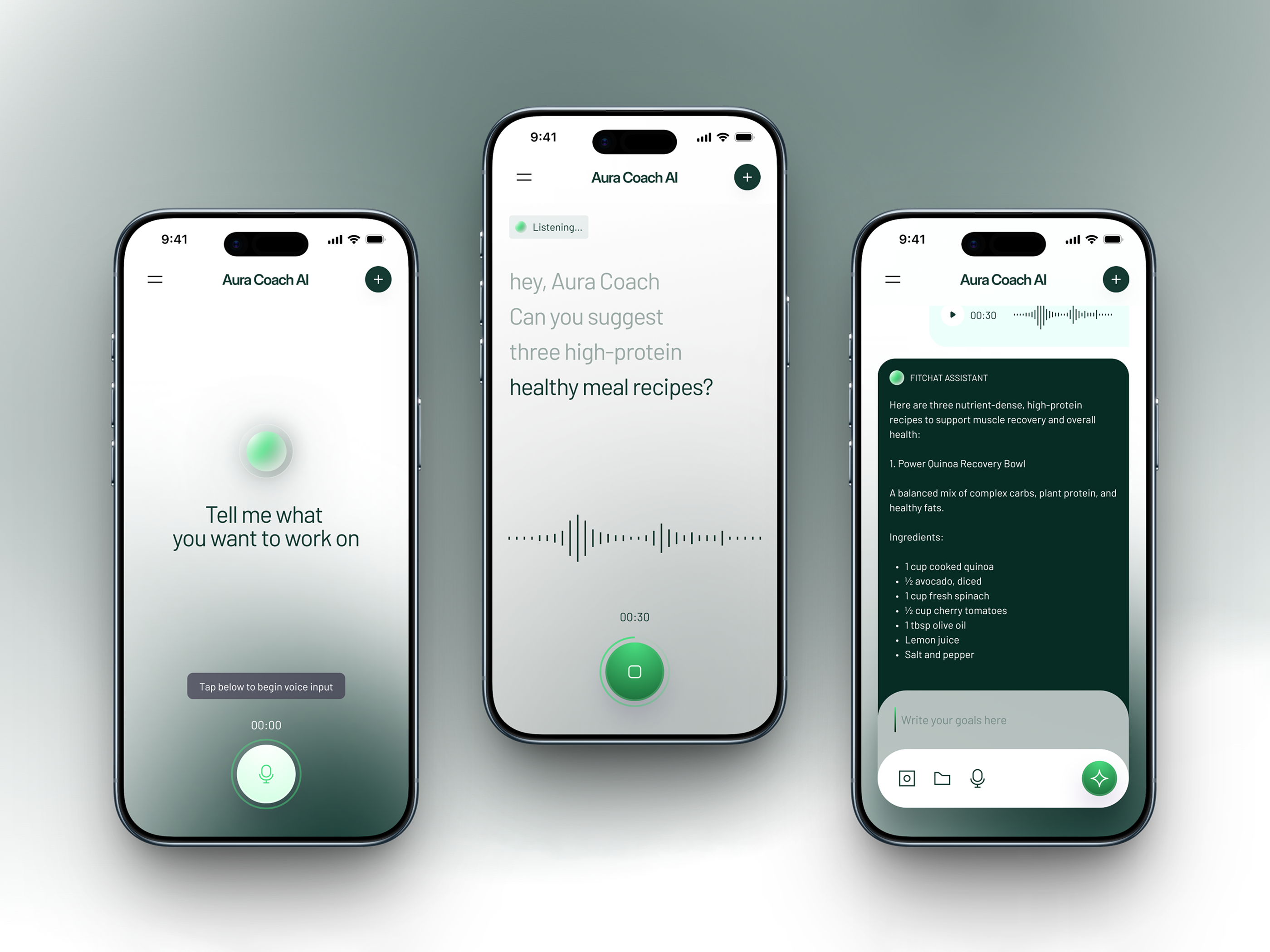 AI Voice Nutrition Coach App – VUI Mobile UI Design ai app ai assistant app design conversational ui design health app interaction design interface ios app meal planner mobile ui nutrition app product design speech interface ui ui ux design voice ui vui