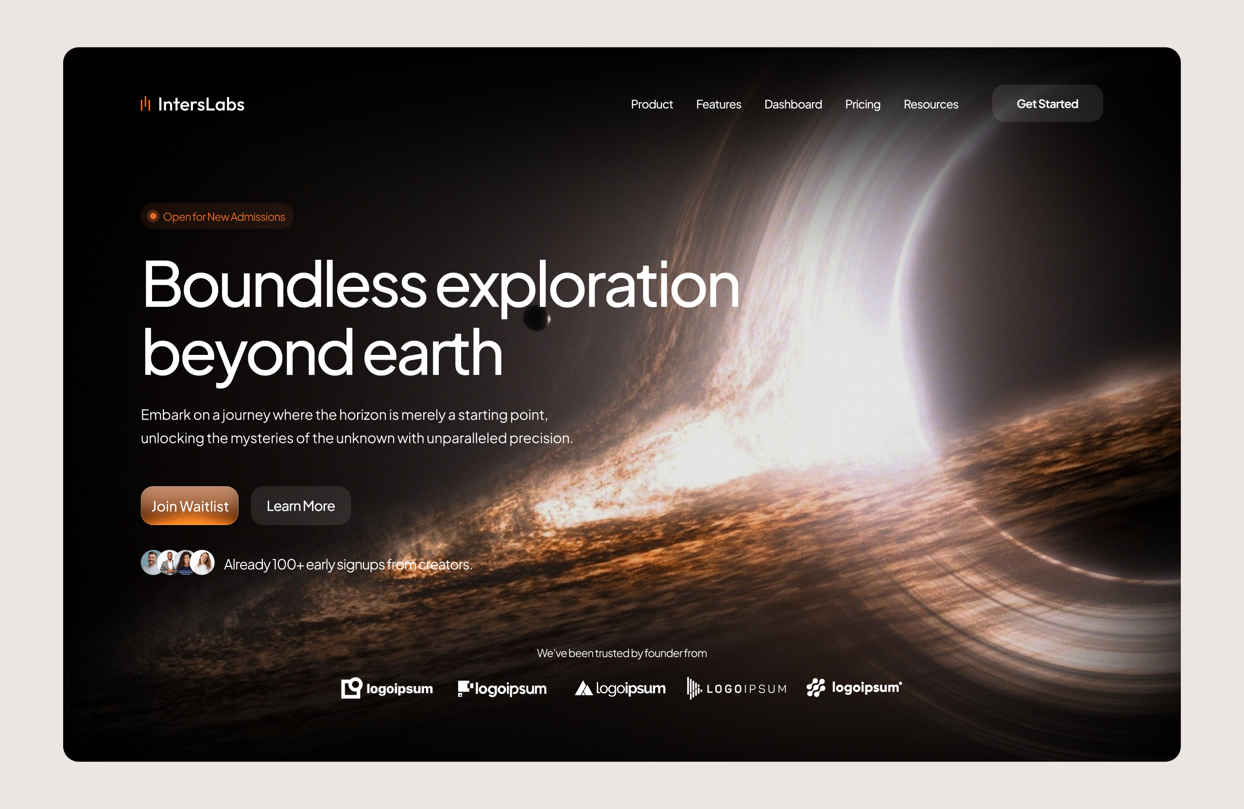 IntersLabs - UI/UX Design | Website Design astronomy cinematic cosmic darkmode hero section interface landing page minimalist scifi space startup uiux web concept web design