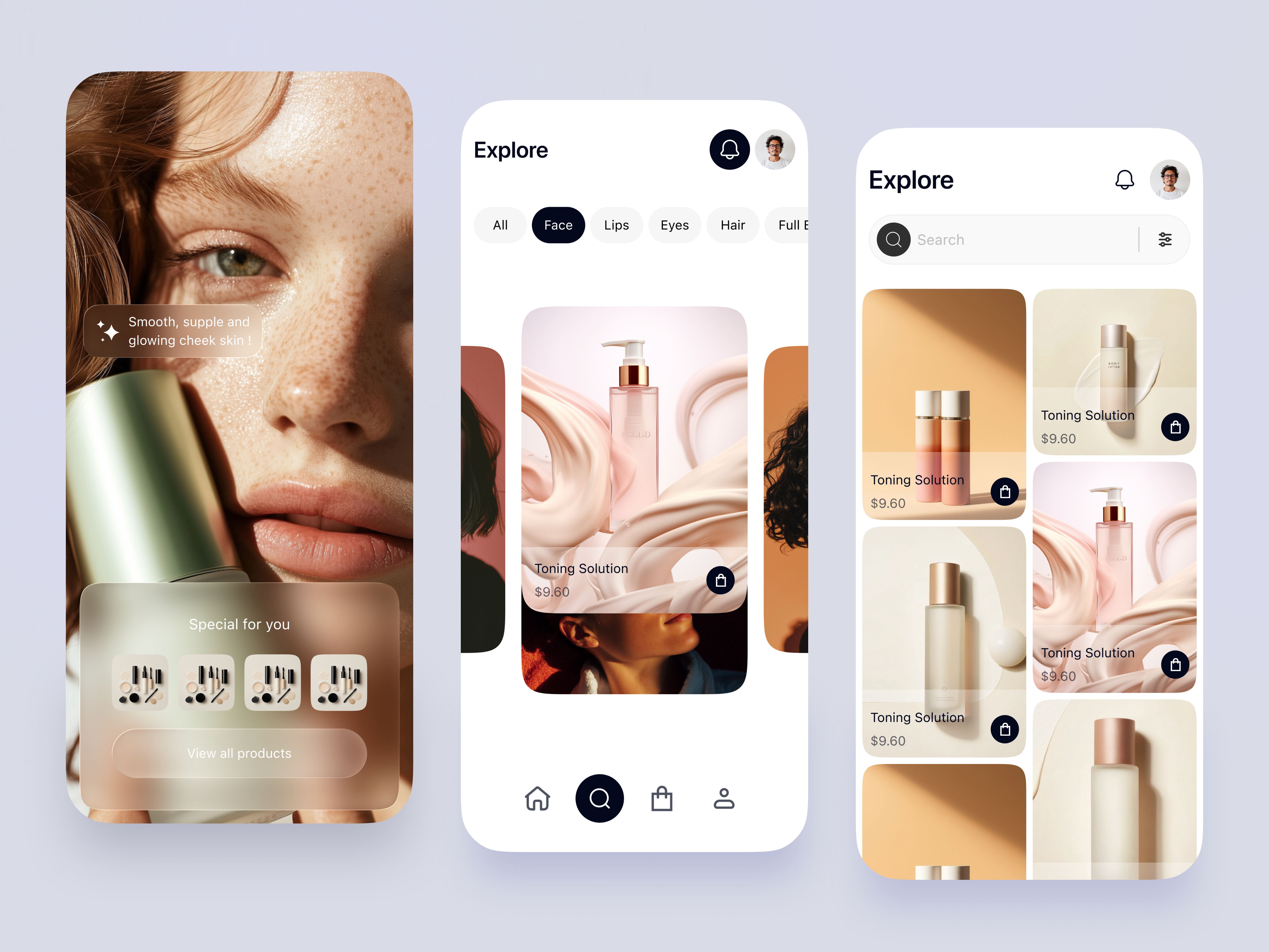 Skincare Mobile App UI app exploration beauty app beauty products beauty ui card design clean ui cosmetics daily skincare ecommerce app facial care glow skin ios app mobile mobile app mobile ui design product design self care app skincare skincare app ux design