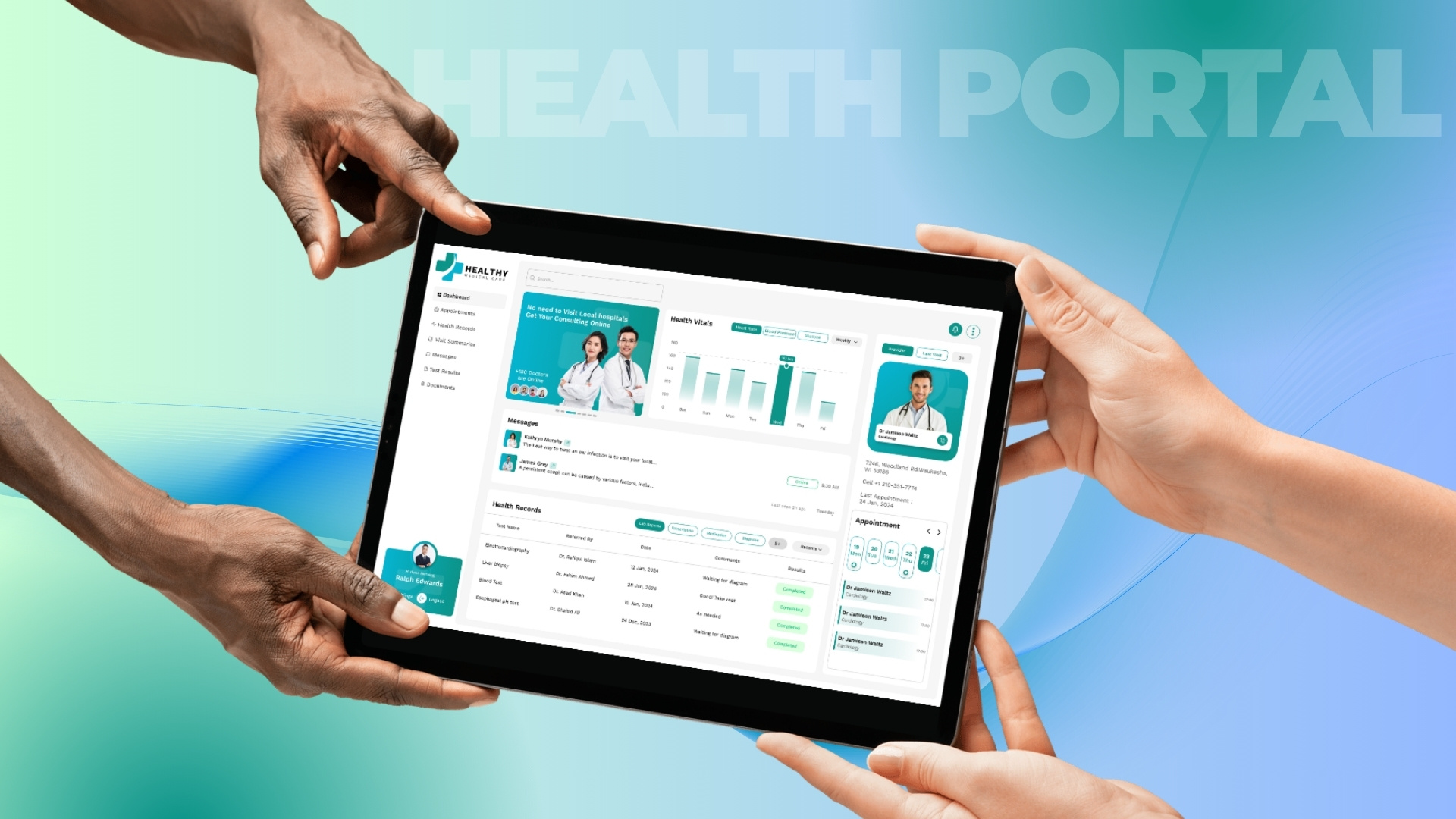 Health Portal Dashboard – UI/UX Design clean ui dashboard ui data visualization doctor dashboard figma health dashboard healthcare healthcare app medical dashboard modern ui patient portal product design saas design ui design ux design web app design