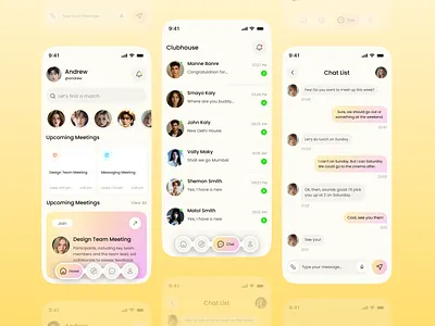 Social Meeting & Chat App UI app design calendar app chat app clubhouse app communication app gradient ui ios app meeting app messaging app minimal ui mobile mobile app mobile ui modern ui productivity app scheduler app social app social network ui design ux design