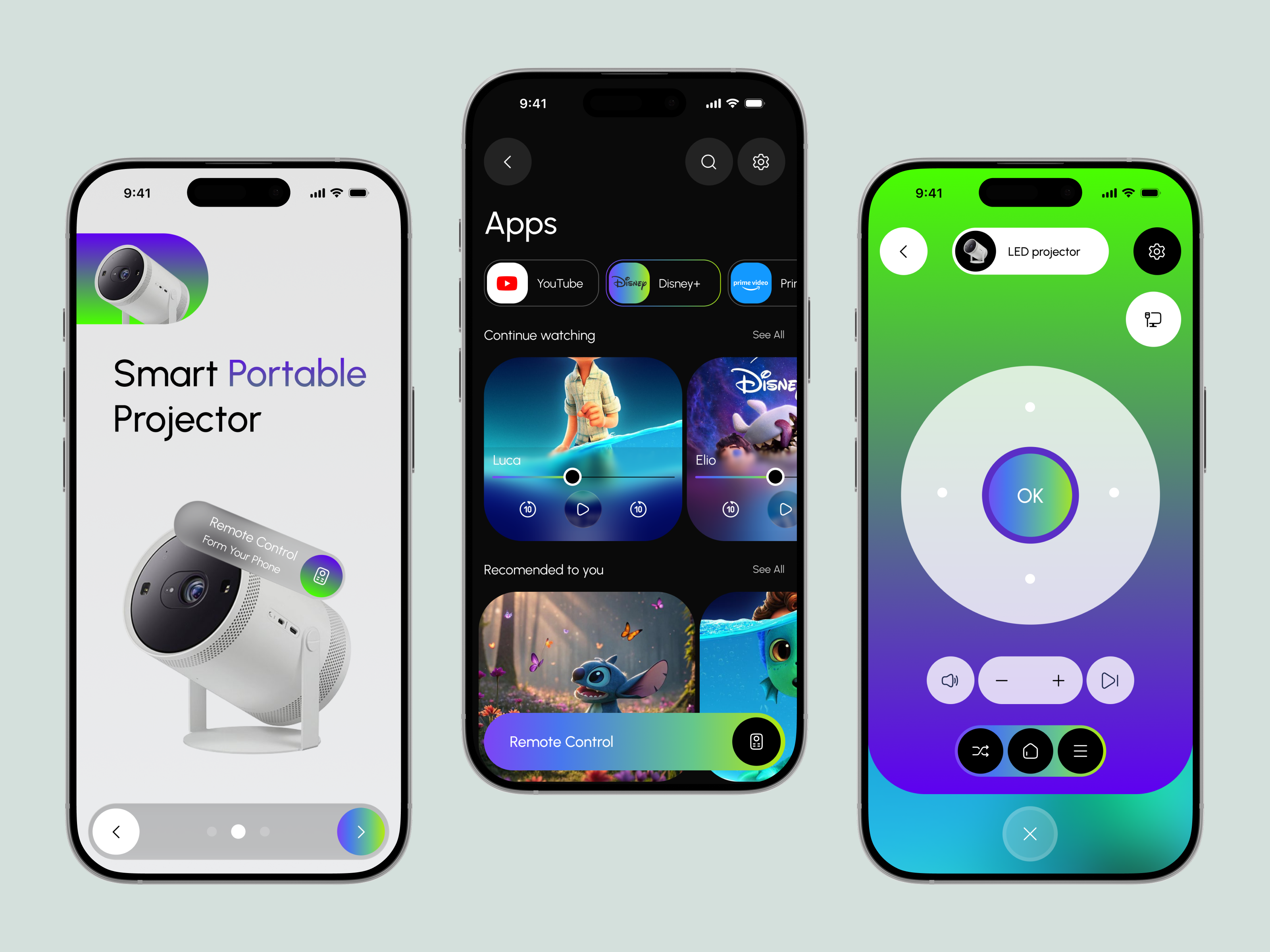 Smart Home Projector App – Sleek Mobile UI app design device control gradient ui iot app mobile app ui modern ui product design projector app remote control app smart home ui ux