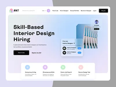 Skill-Based Interior Design Job Board architecture career clean clean ui frosted glass glassmorphism gradient hiring interior design job board landing page minimalist pastel portfolio professional recruitment talent web design website