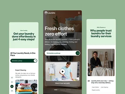 Mobile Experience Design for Laundry Service App branding clean interface creative agency dashboard dry cleaning framer landing page laundry website layout local business minimalist mobile app responsive design service business ui user experience ux web design webflow website template
