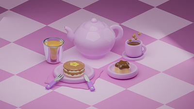 Valentines Day Breakfast 3D Model art breakfast coffee food pancakes pudding tea