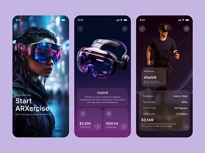 VitalVR – Luxury AR Fitness Experience App app design ar clean app fitness app glassmorphism health app health tech ios mobile mobile app mobile app design product design quest3 ui user interface ux virtual reality vr web3 wellness app