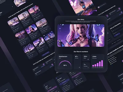Yogify Gamified Fitness SaaS branding cards chart container courses dark mode education glass morphic graphic design landing page list motion graphics pastel pink purple saas stats ui ux yoga