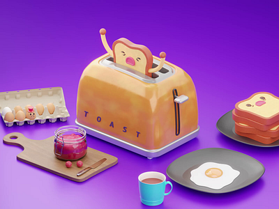 Toaster and Bread 3D 3d 3d character 3d illustration animation blender bread bread expression bread face character character design color design expression face expression illustration isometric lowpoly toaster