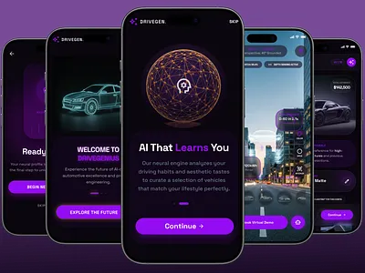 AI-Powered Futuristic Car Dealership App automotive ui dark dark ui figma futuristic design mobile app design modern interface modern ui product design uiux design