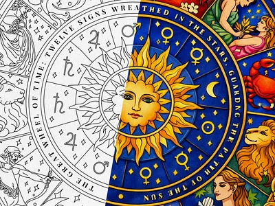 Zodiac Wheel: From Line to Color astrology celestial coloring book fantasy illustration line art mythic ornamental symbol