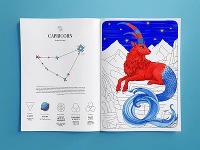 Capricorn — Illustrated Zodiac Spread astrology book layout capricorn celestial coloring book constellation illustration layout line art mythic print publishing zodiac