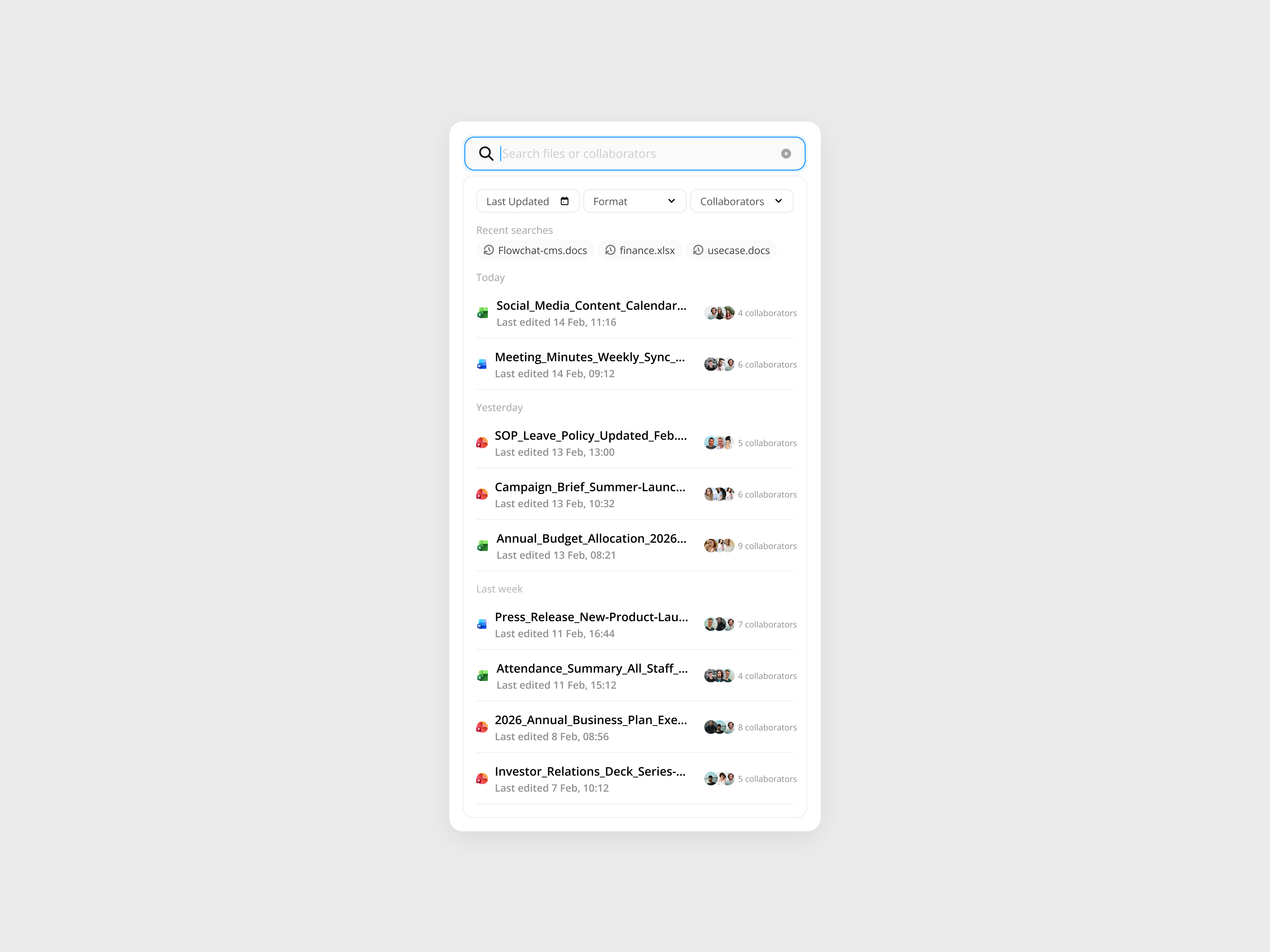 Smart File Manager — Search & Filter Widget UI clean cms component document dropdown file filter modal popup saas search search animation search bar search option smart search uidesign uiux user interface webdesign widget