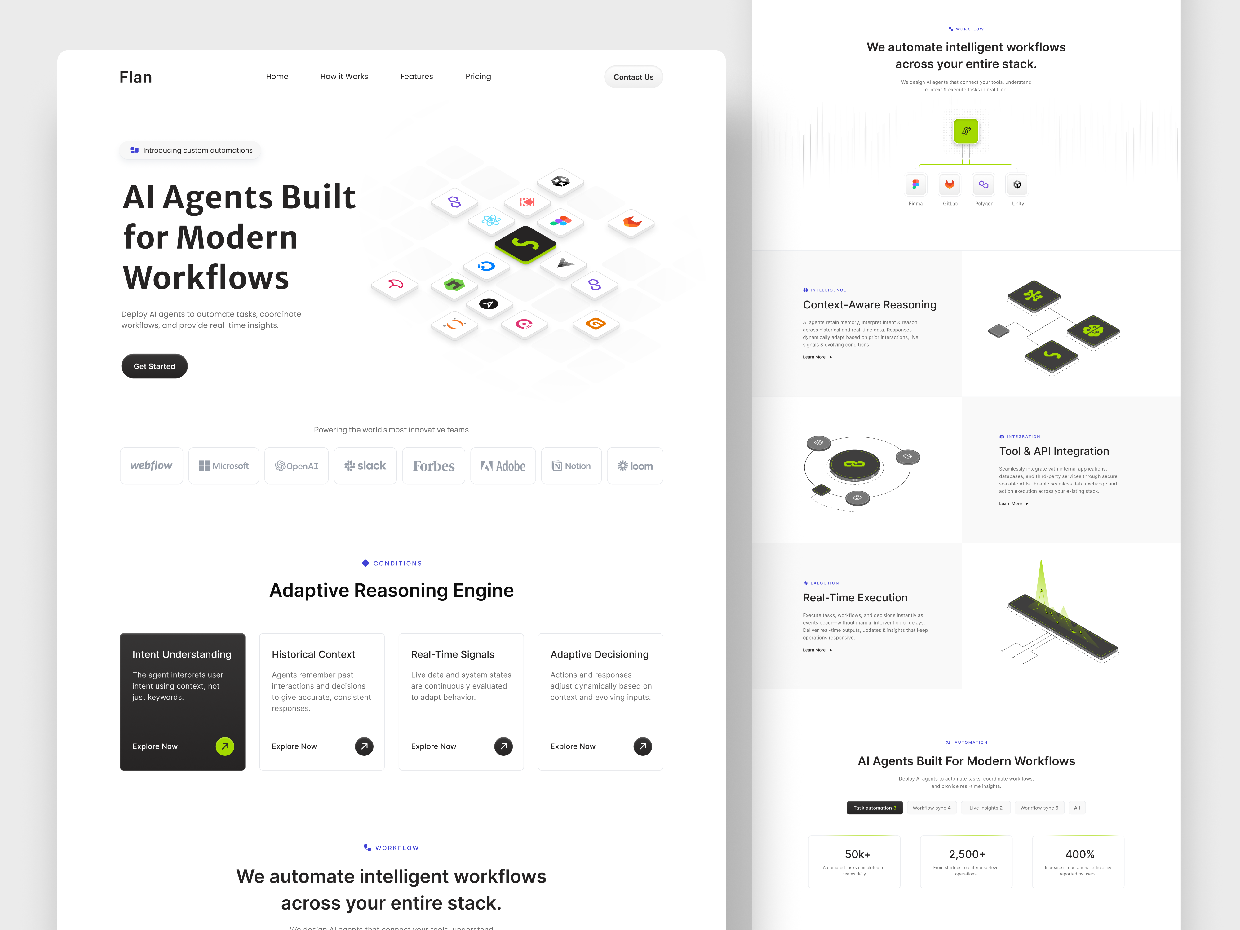 Flan - AI Workflow Landing page ai automation b2b cleandesign cloud software crm edtech enterprise software graphic design herosection hrtech isometric landing page minimal modern saaa saas tech ui ux