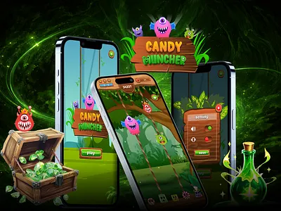 Candy Muncher – Mobile Game UI Design | Fantasy Arcade App 2d game art android game ui app ui design arcade game design cartoon game ui casual game ui character design colorful ui fantasy game ui fun ui game app design game interface game ui design gaming app ios game design kids game design mobile app design mobile game design mobile game ui ui ux design