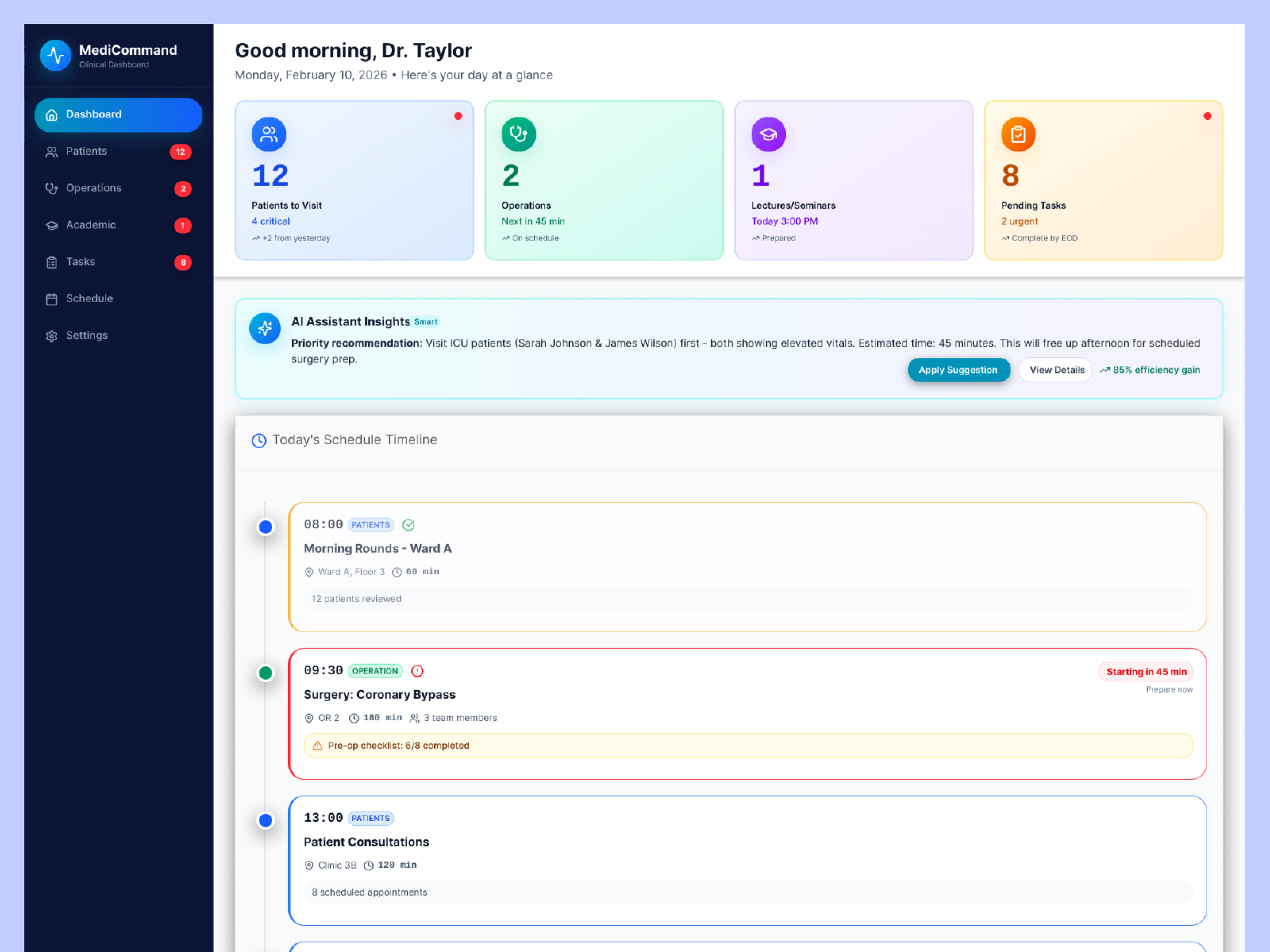 Medi Command Clinical Dashboard UI for Doctors admin dashboard clean interface clinical app dashboard design doctor dashboard figma design healthcare dashboard healthtech hospital management medical ui minimal ui modern ui patient management product design saas dashboard schedule ui task management ui ux design ux research web app design