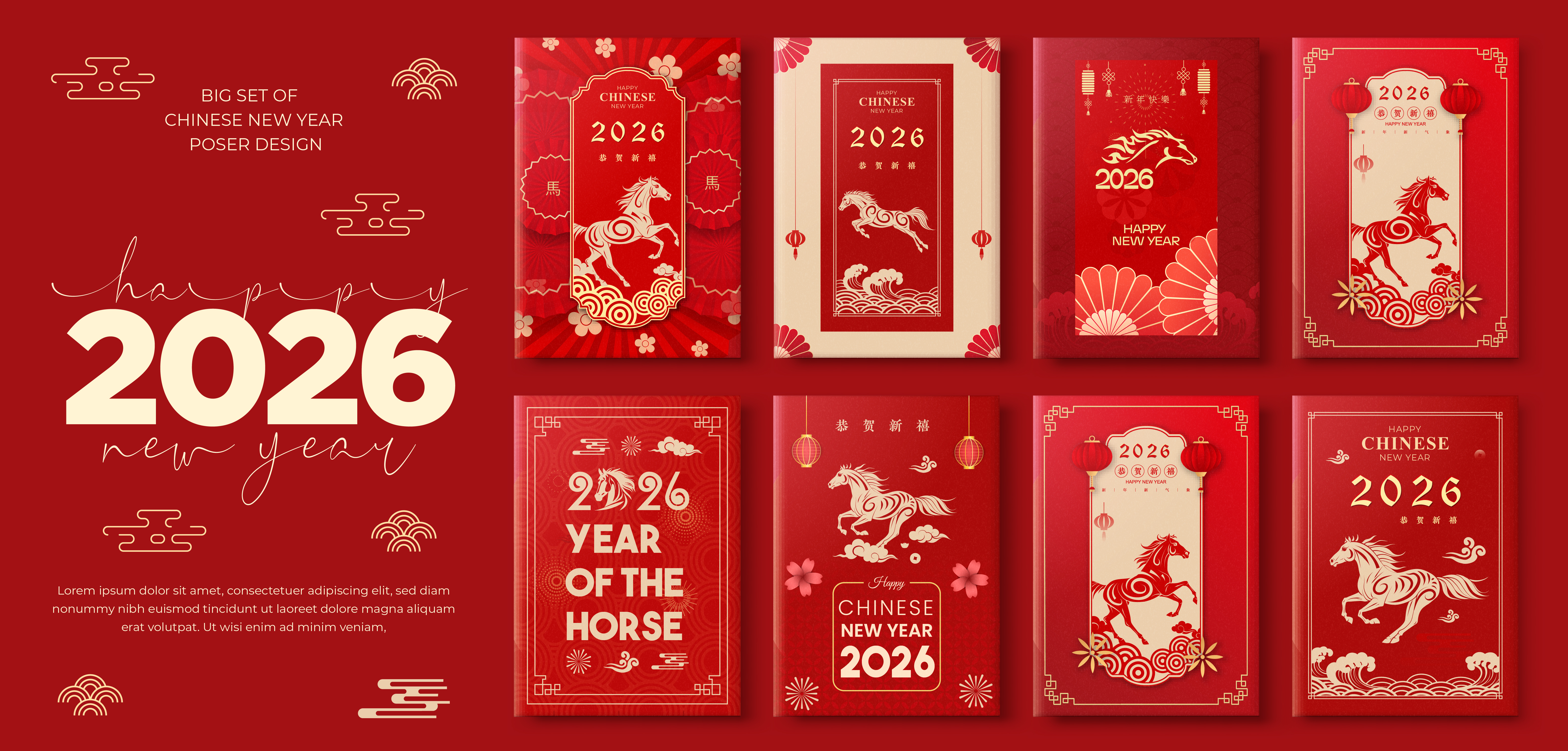 Big Set of Chinese New Year 2026 year of the horse Poster Design 2026 chinese chinese new year chinese new year 2026 happy new year horse lunar lunar new year new year new year 2026 year of the horse