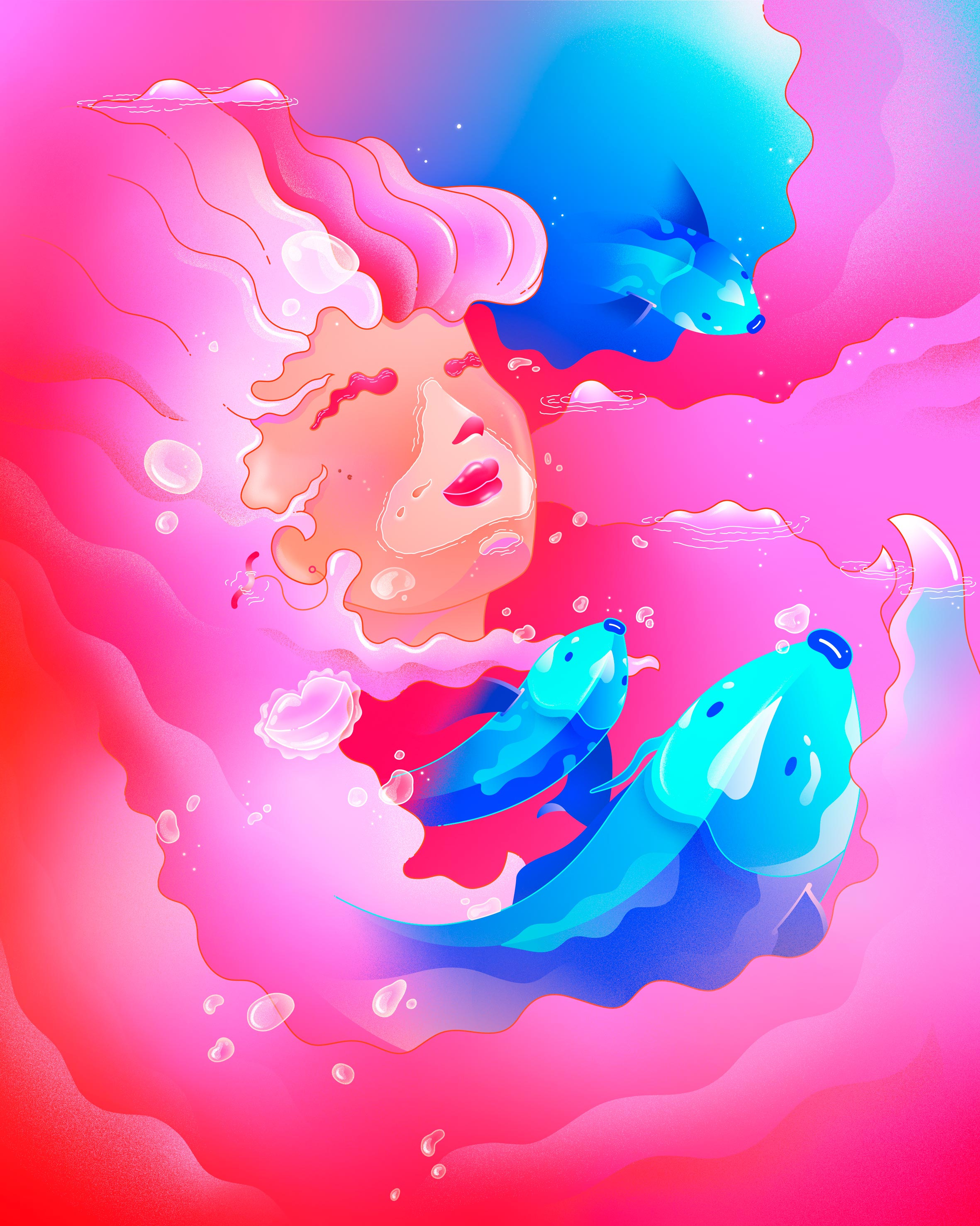 Floating adobeillustrator colors digitalillustration fishes floating pink vector water women