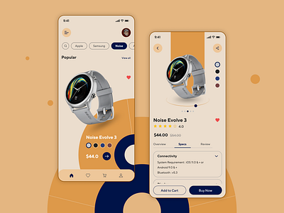 e-commerce Mobile Watch Application 3d animation buttons card color choose description ecommerce graphic design home page icons illustration light mode menu nav bar rating smartwatch ui ux design watch application wishlist