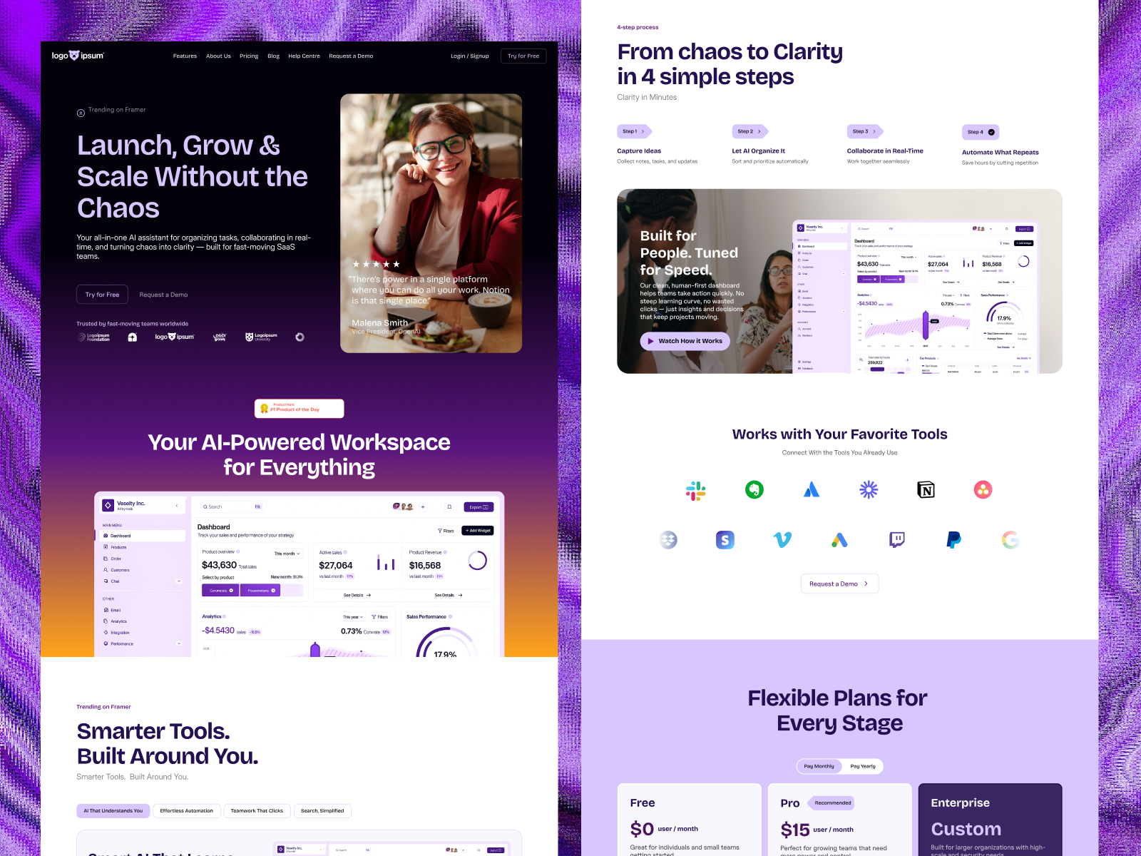 AI SaaS Landing Page Design — Modern Product Marketing Website ai figma framer landing page microsaas popular saas software startup trending ui design web web design