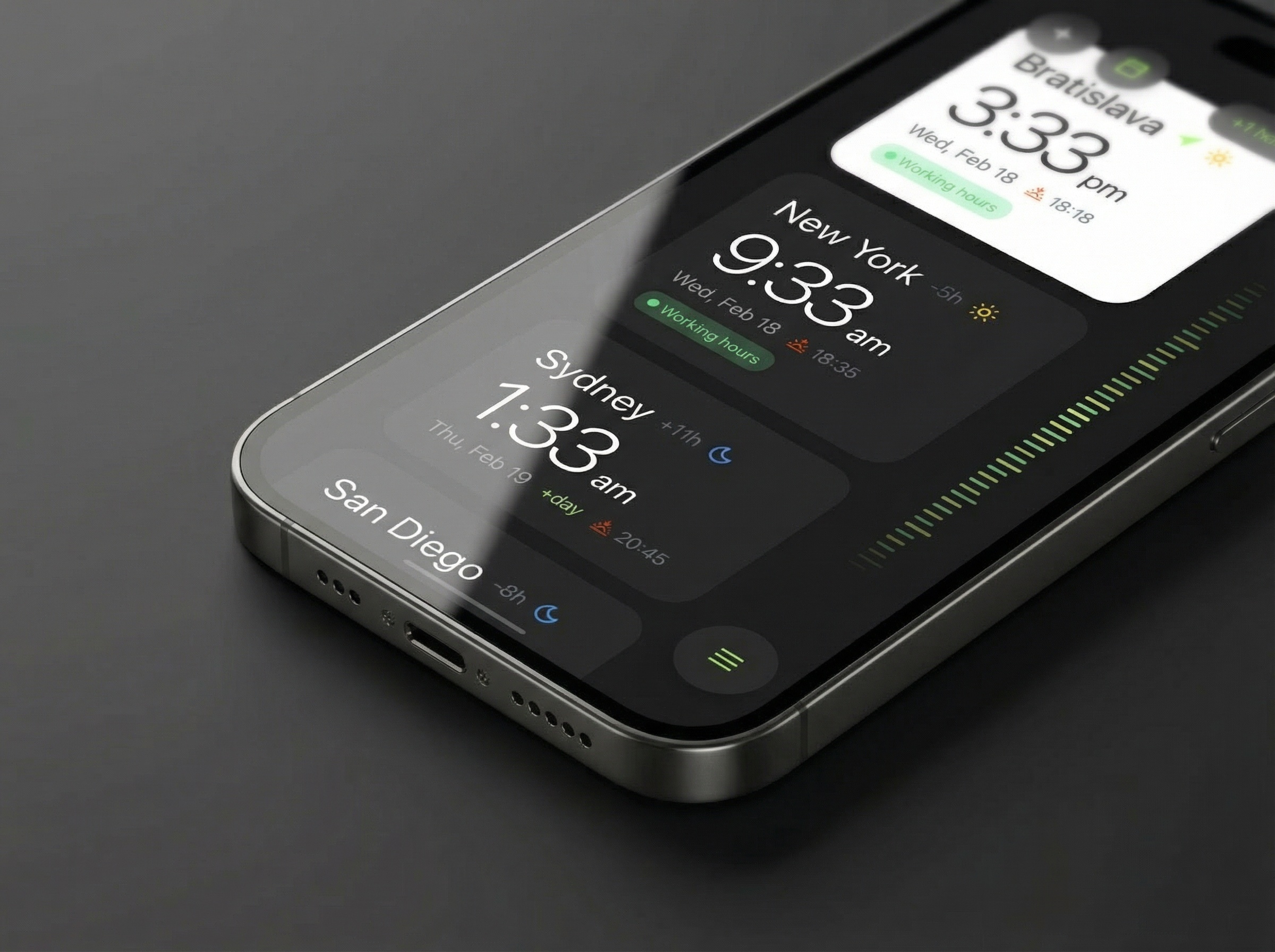 A smart time zone management app app dark dashboard management meeting meetings minimal mobile productivity scheduler time timezone ui