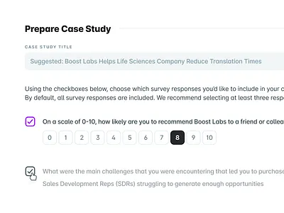 UserEvidence Prepare Case Study UI answer b2b b2c build case study clean flat form light mode minimal prepare question subtle survey text ui userevidence ux web app