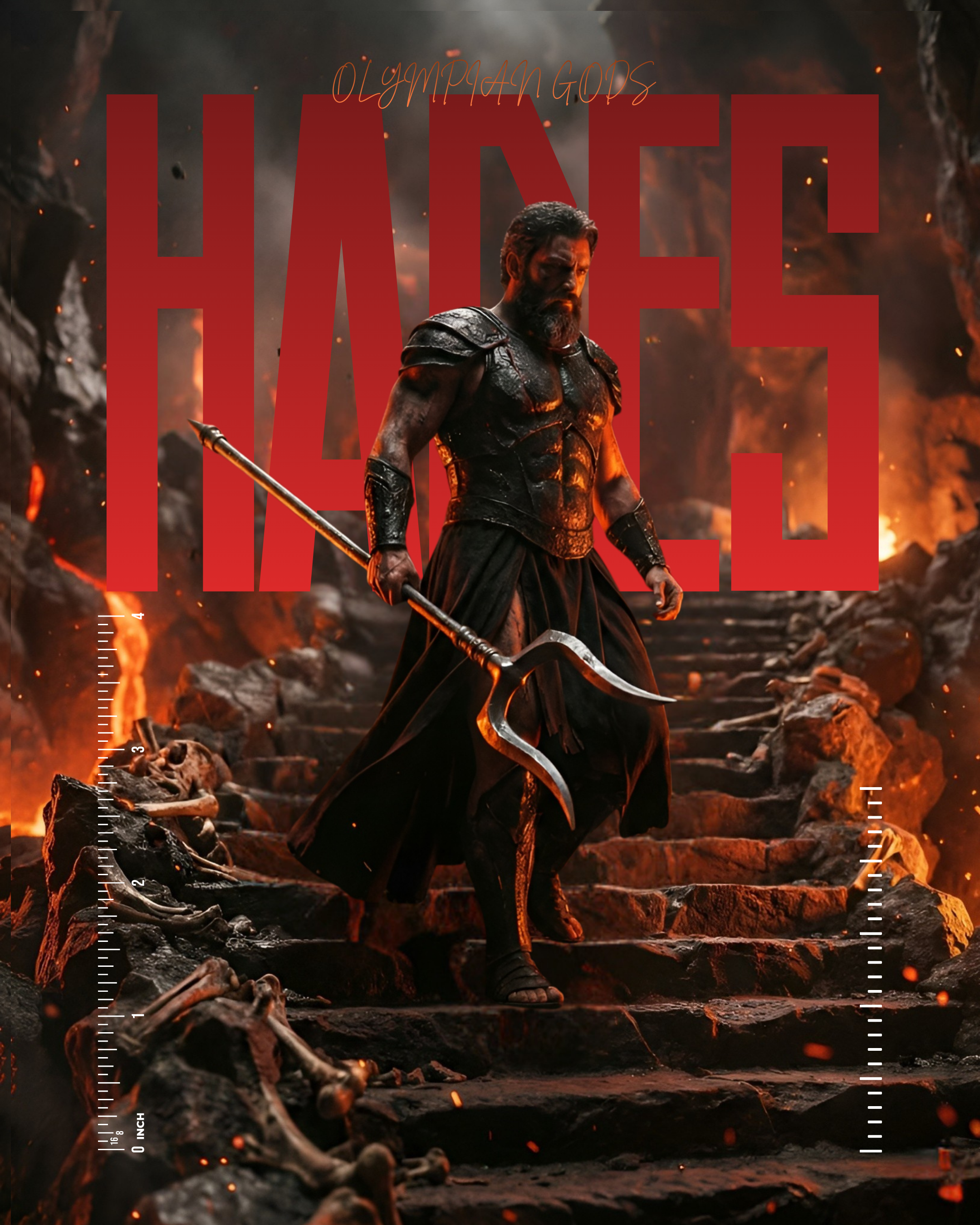 Hades – Olympian Gods Series ai art character design cinematic concept art dark art editorial design fantasy fire greek mythology hades hyperrealistic midjourney olympian gods photoshop poster typography underworld visual identity