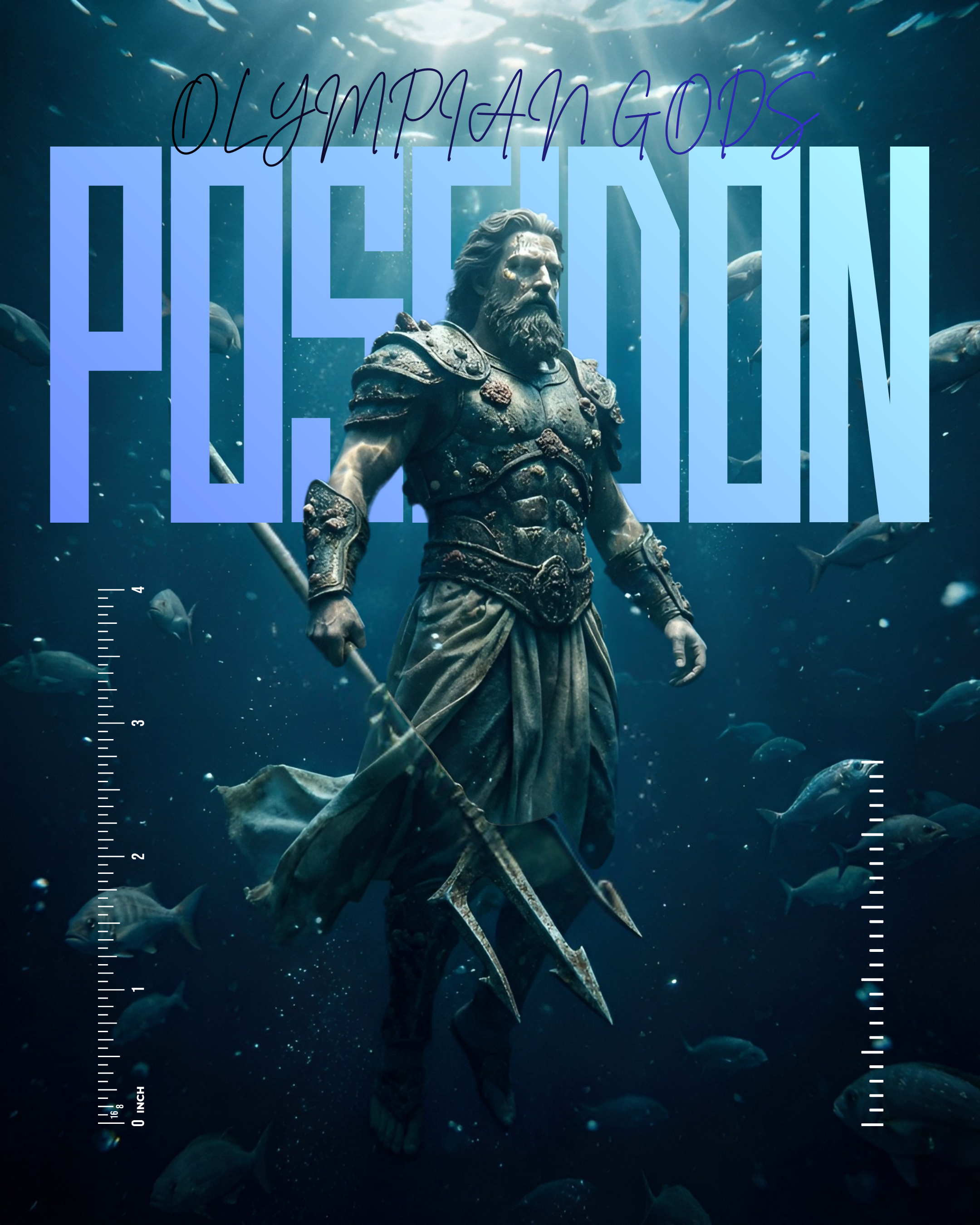 Poseidon – Olympian Gods Series blue character design cinematic concept art deep sea editorial design greek mythology hyperrealistic midjourney ocean olympian gods photoshop poseidon poster trident typography underwater visual identity