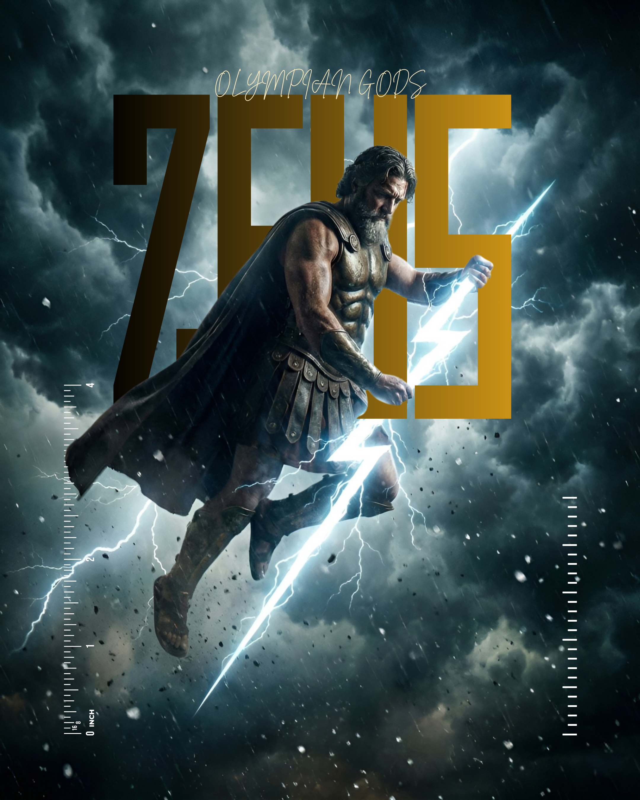 Zeus – Olympian Gods Series character design cinematic concept art editorial design gold greek mythology hyperrealistic king lightning midjourney olympian gods photoshop poster sky storm thunder typography visual identity zeus