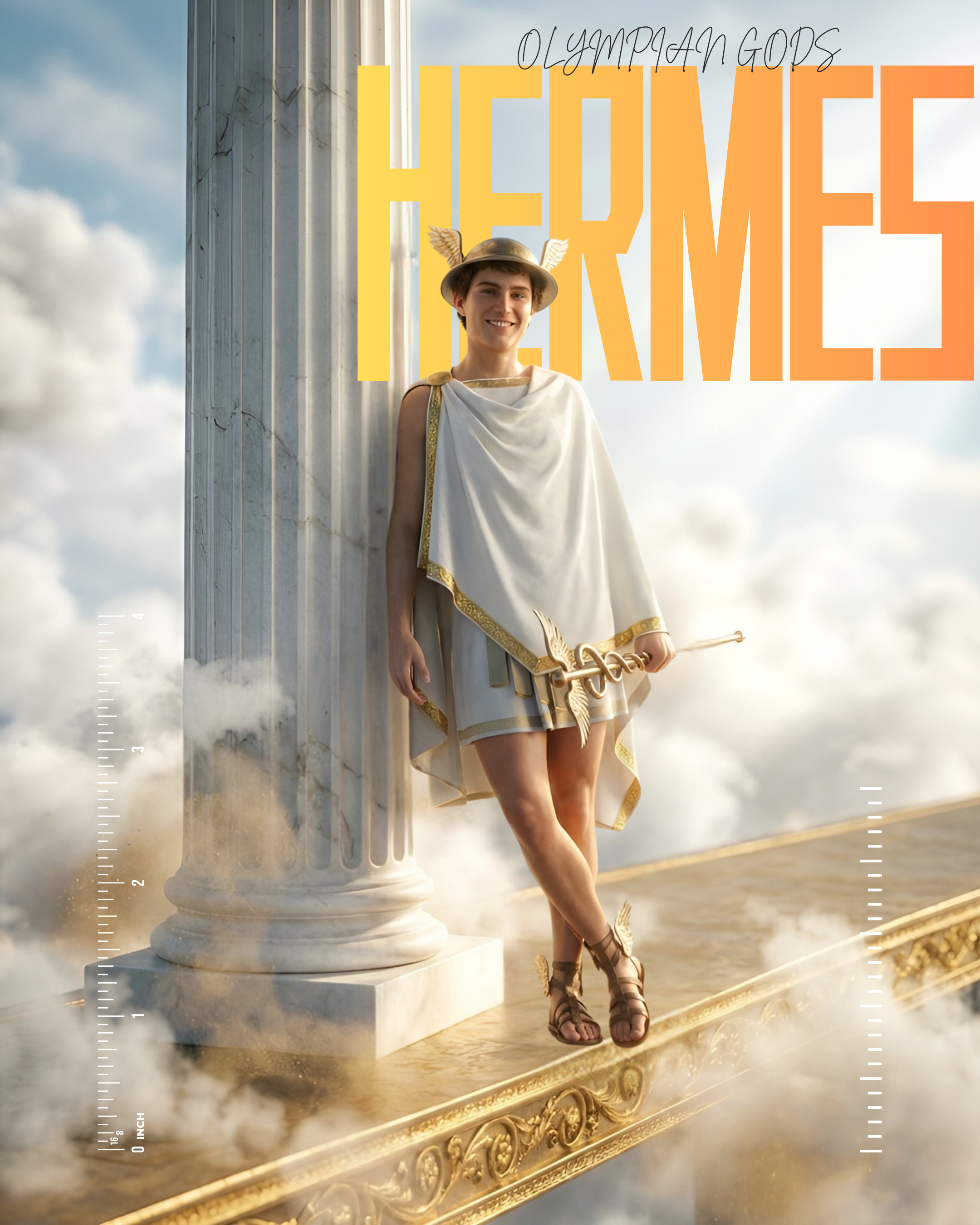 Hermes – Olympian Gods Series bright character design cinematic clouds editorial design fantasy gold greek mythology hermes hyperrealistic messenger midjourney olympian gods photoshop poster sky speed typography winged helmet