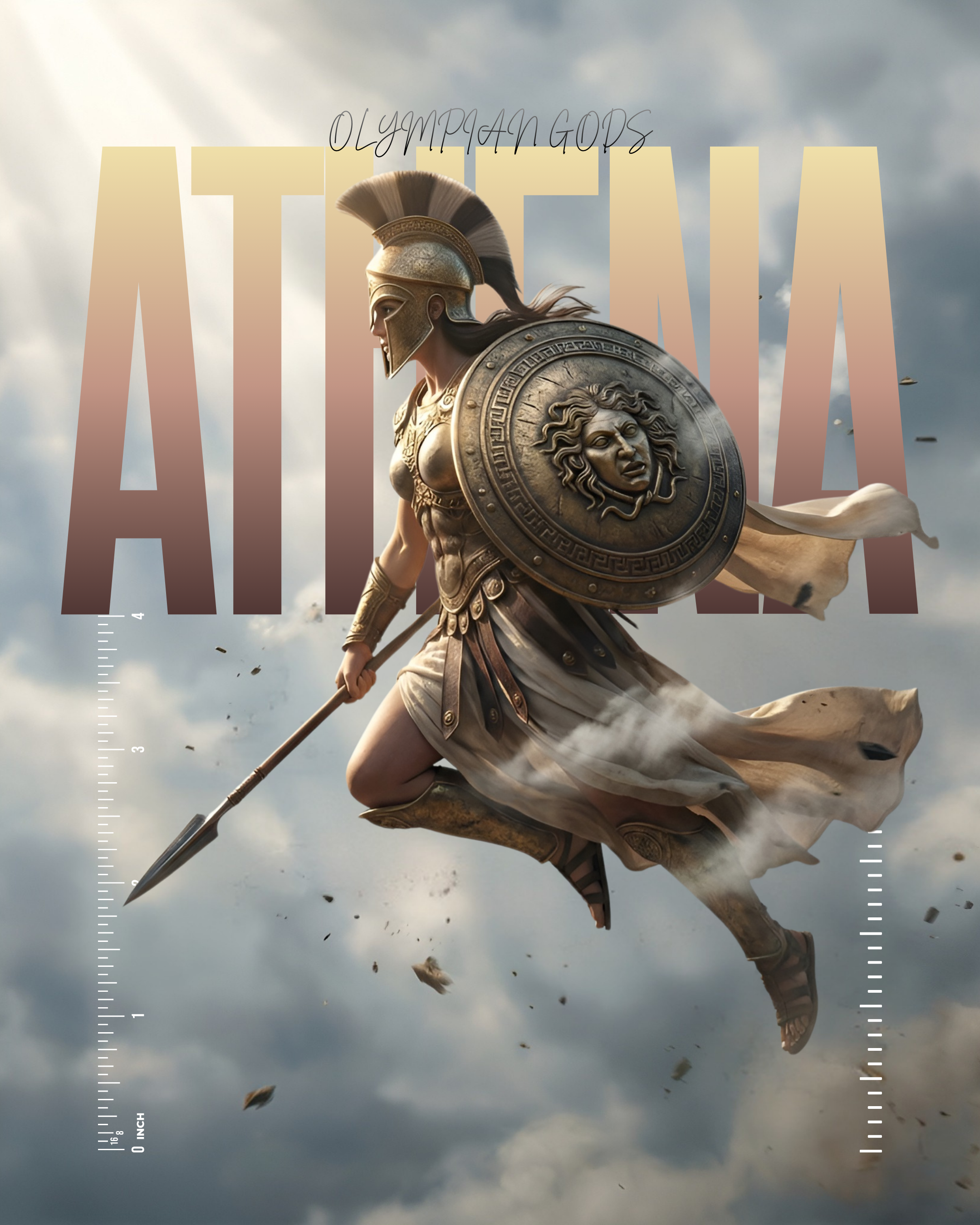 Athena – Olympian Gods Series action athena character design cinematic concept art editorial design gold greek mythology hyperrealistic medusa midjourney olympian gods photoshop poster shield spear typography war wisdom