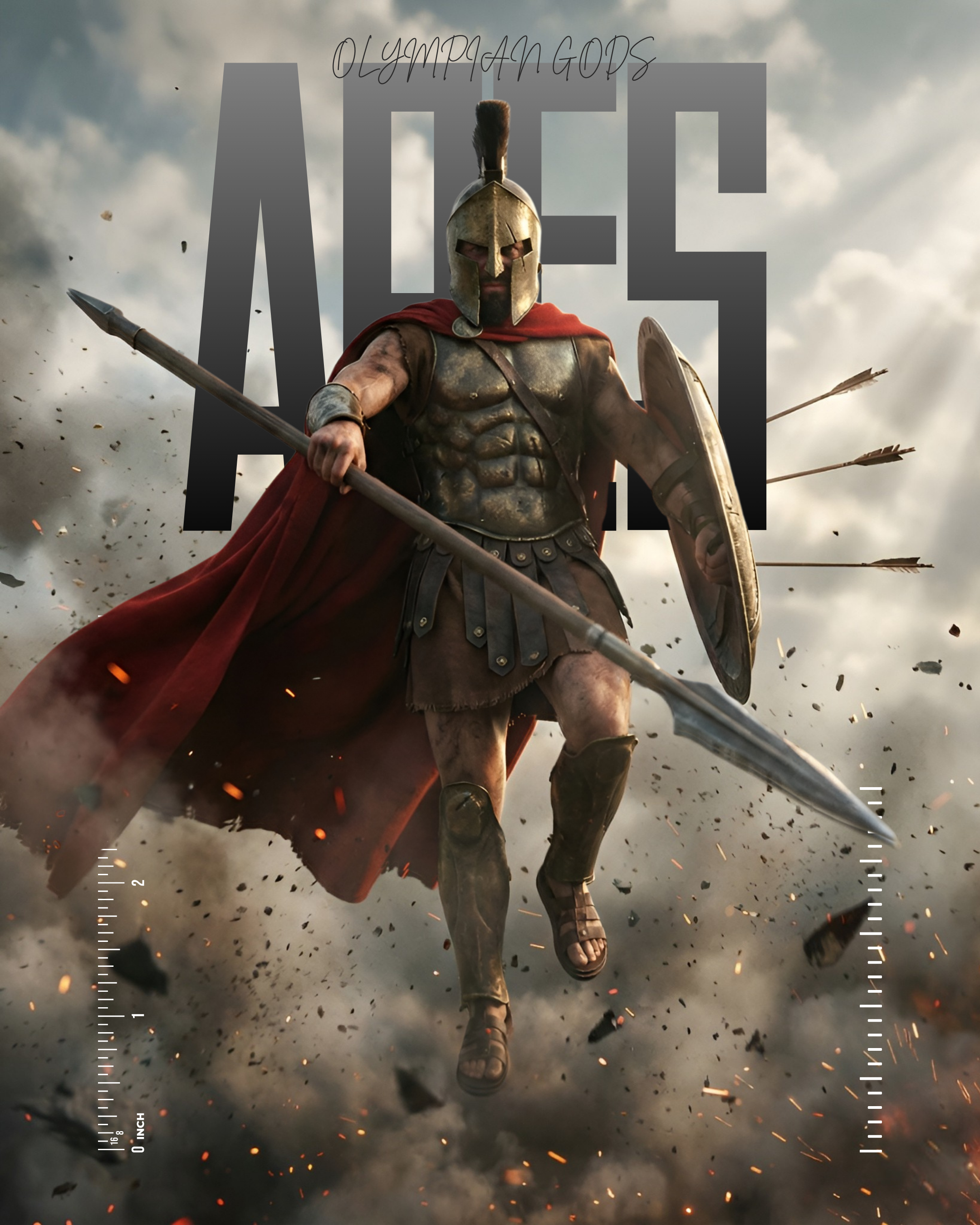 Ares – Olympian Gods Series action ares armor arrows battlefield chaos cinematic editorial design god of war greek mythology hyperrealistic midjourney photoshop poster red shield smoke spartan typography