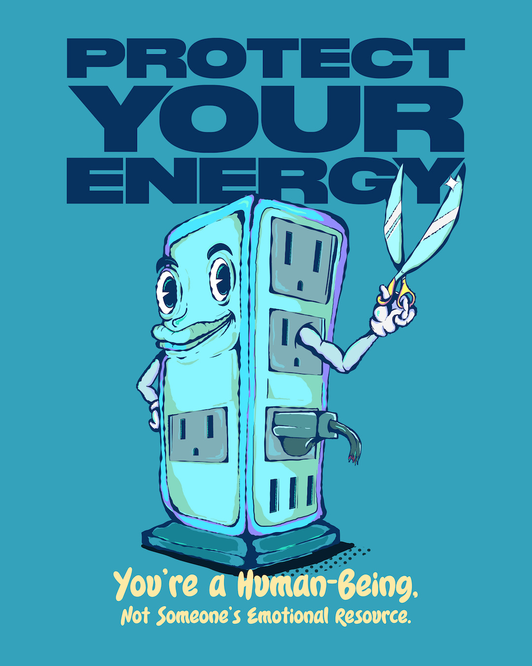 Protect Your Energy adobe illustrator bad friends blue charging tower cool color palette design digital art draining energy vampire funny graphic design humor illustration mental health protect your energy scissors usb vector vector illustration vectorart