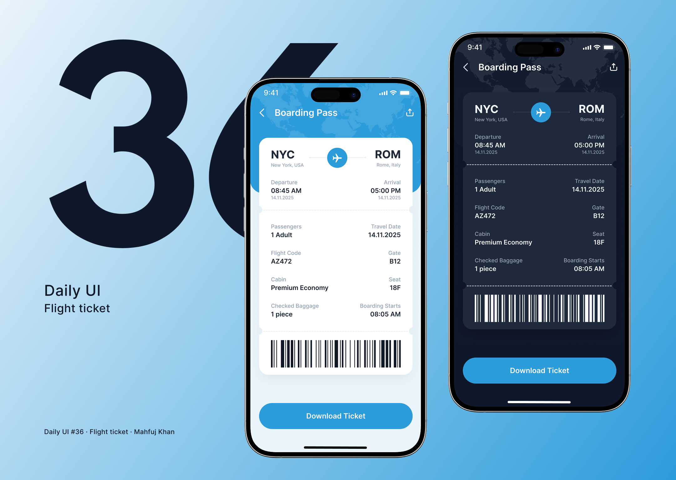Daily UI #36 — Flight Ticket airline interface boarding pass design dailyui dailyui36 dark mode figma flight ticket ui interface light mode mobile ui travel app ui uidesign ux design