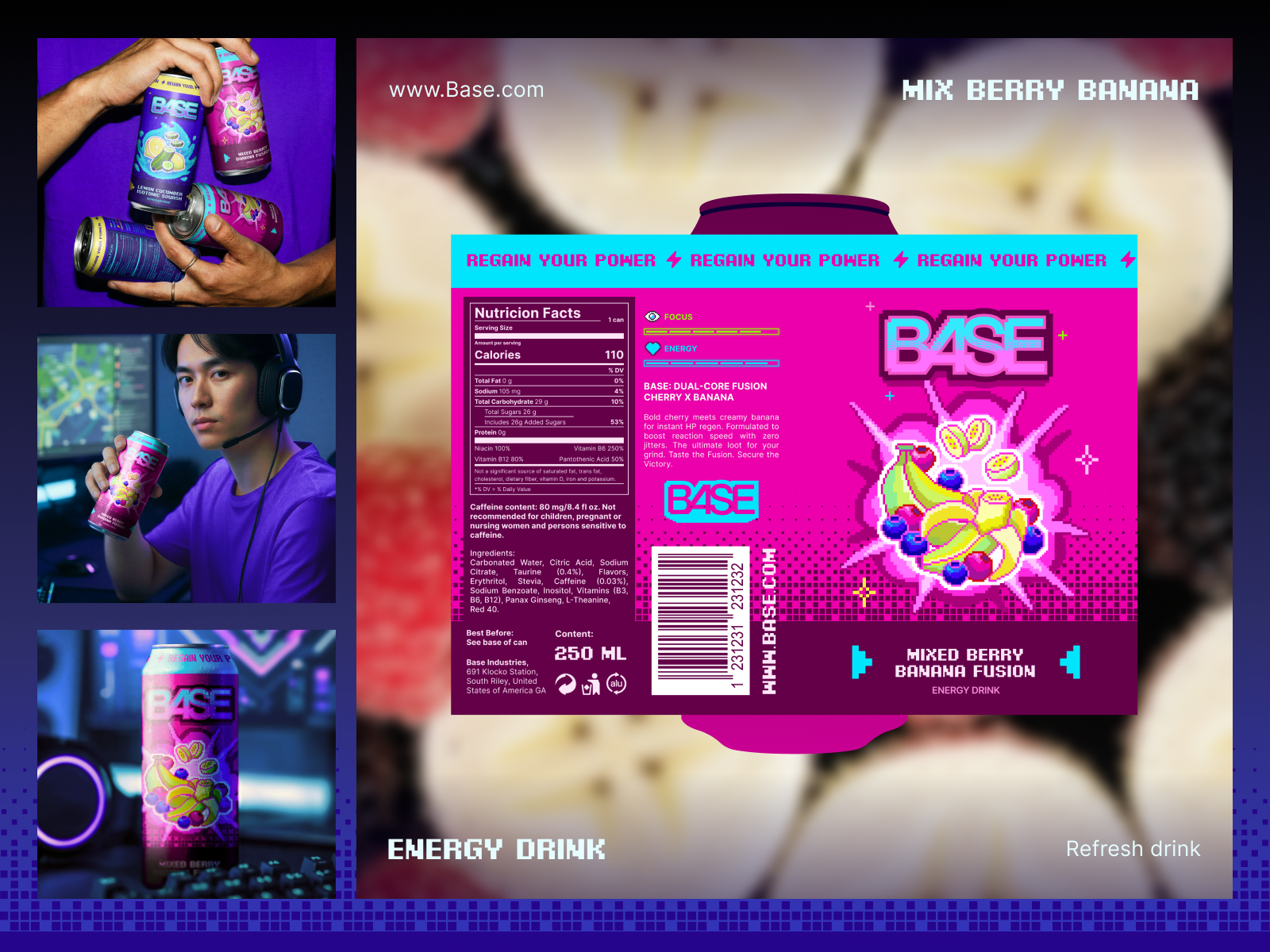 Base - Packaging Design 3d brandidentity branding design drink water energy water fb fruit gaming graphic design health illustration logo logo design packaging pixel vector