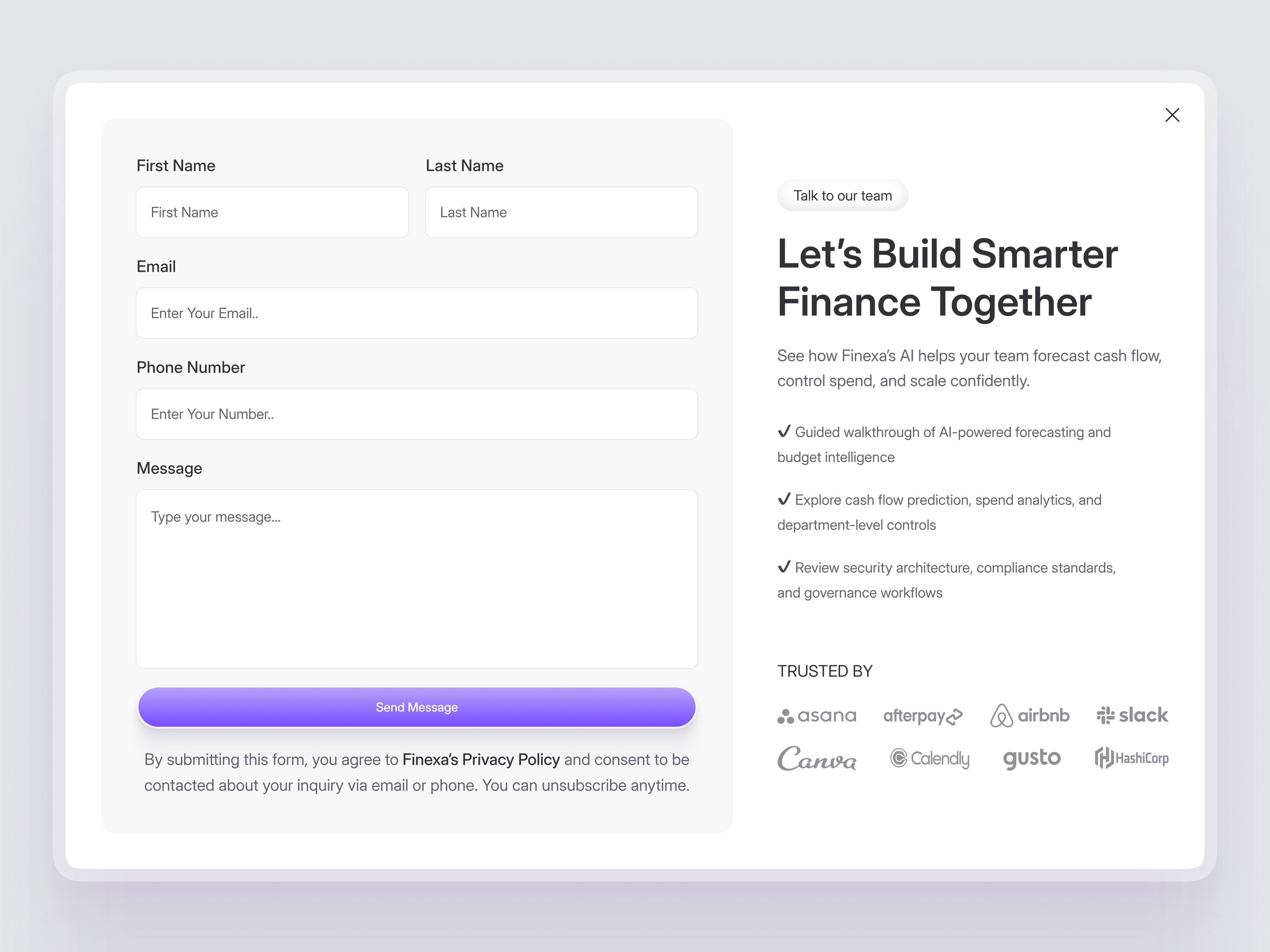 Finexa – Contact Sales Modal interface product service startup ui ux web