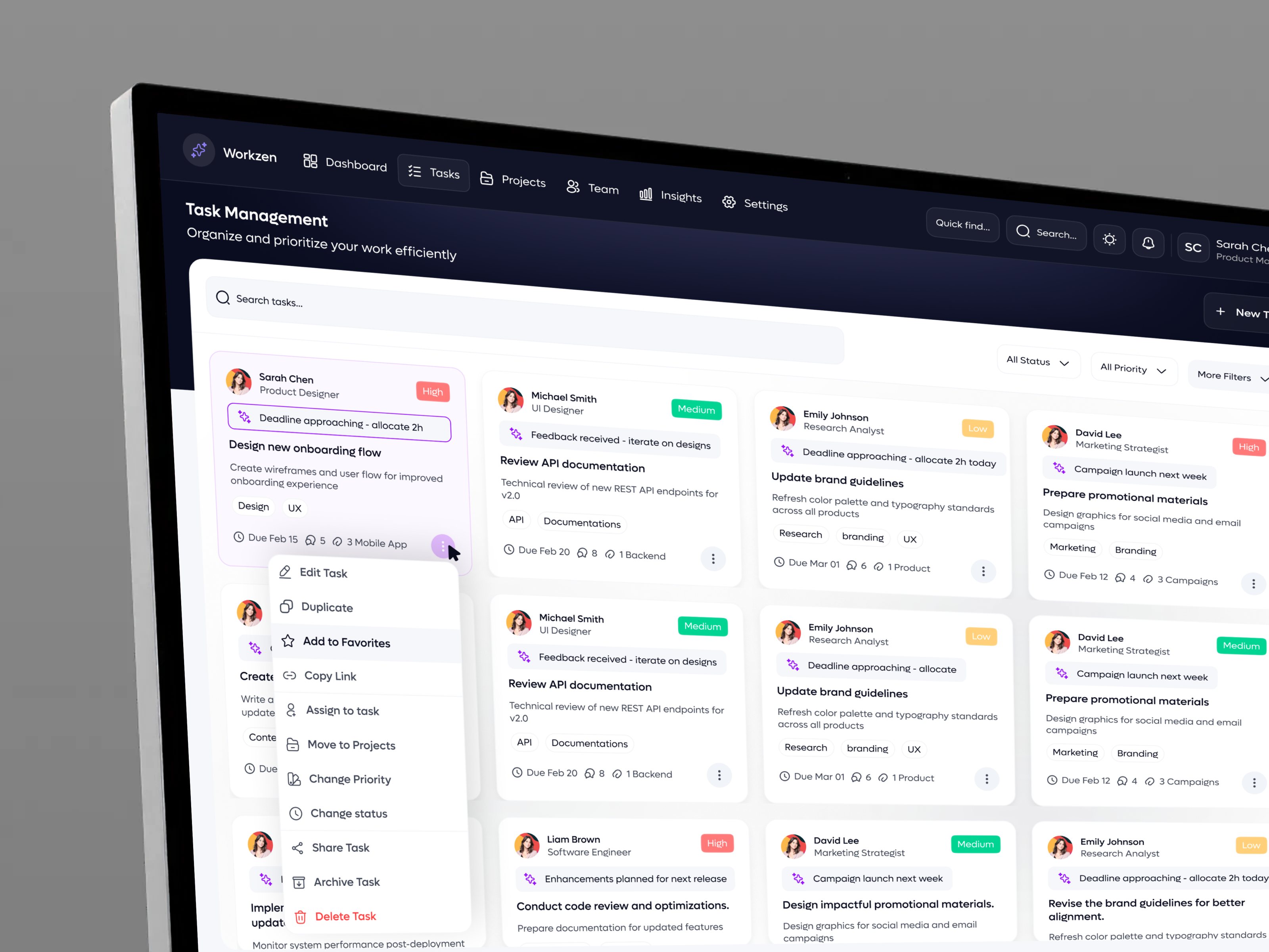 Workzen – AI Productivity Dashboard (Tasks management page) admin dashboard ai dashboard ai productivity app design clean ui dashboard design designsystem digital product focus app interaction design minimal design modern ui productivity app saas design startup design task management ui design ux design webappdesign work management