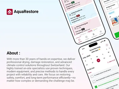 Aquarestore Mobile App b2b service platform climate control solutions construction workflow damage restoration app drying technology field service management industrial maintenance app insurance restoration software job scheduling app mobile app design mobile workforce app project tracking dashboard property management software real time notifications restoration management saas web app service management app switzerland tech task management system technician dashboard