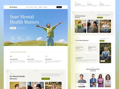 Mindora – Mental Wellness Website UI/UX consulting website healthcare ui ux healthcareui landing page medical website mental health platform mental health website mental wellness online mental health service personal care productdesign saasdesign sahin mia uidesign uiux webdesign wellness wellness coach
