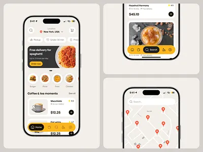 Modern Food Delivery Mobile App UI app ui coffee app ecommerce app figma design food app food delivery ios app map integration minimal ui mobile app design modern design product design restaurant app ui design ux design